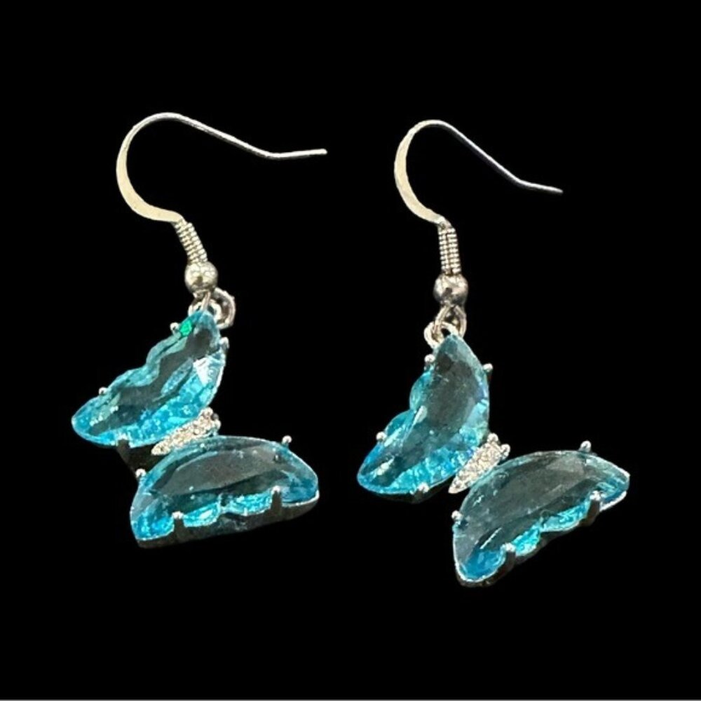 Butterfly-Shaped Dangle Earrings With Blue Gemstones & Silver-Tone Hooks